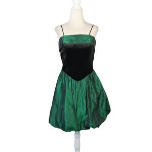 Vintage 80s Emerald Green Velvet Taffeta Basque Waist Mini Party Dress XS